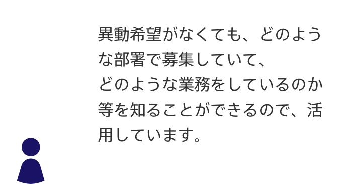 声3：異動希望がなくても、どのような部署で募集していて、
どのような業務をしているのか等を知ることができるので、活用しています。