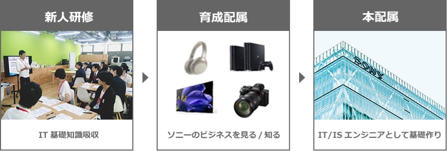 新人研修：IT基礎知識吸収、育成配属：ソニーのビジネスを見る/知る、本配属：IT/ISエンジニアとして基礎作り
